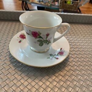 White Porcelain Tea Cup & Saucer with Pink Rose Floral Pattern